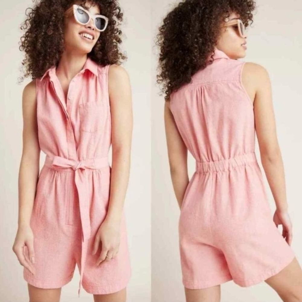 Anthropologie linen cotton romper pink salmon 16